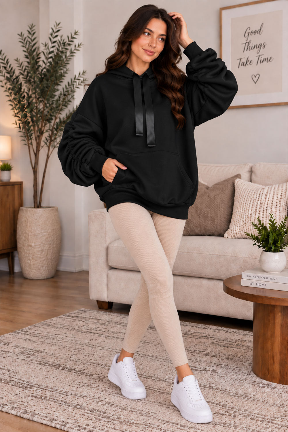 Women’s Ruched Sleeve Oversized Ladies Ribbon Hoodie Jumper Top 13 Women’s Ruched Sleeve Oversized Ladies Ribbon Hoodie Jumper Top - Image 13