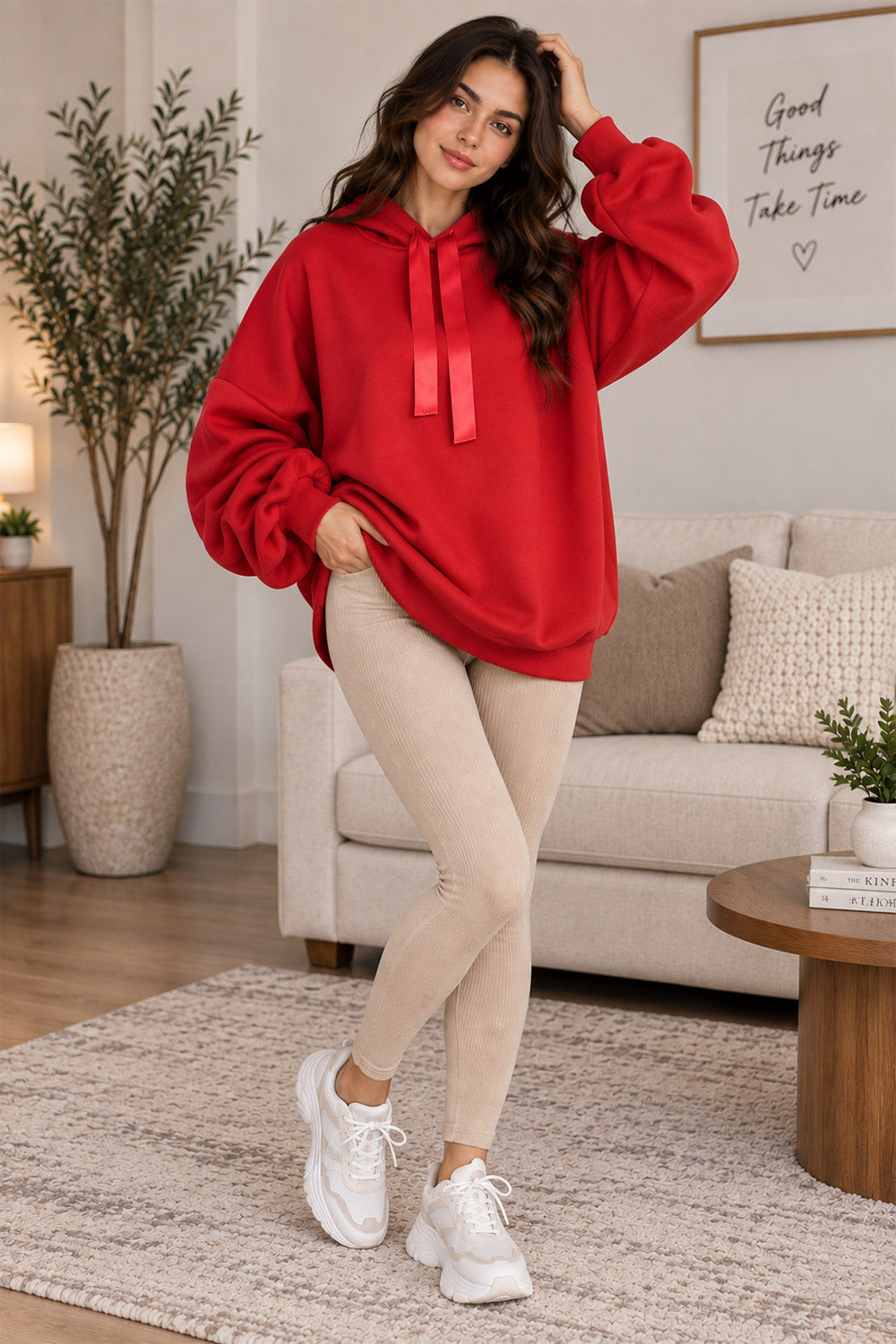 Women’s Ruched Sleeve Oversized Ladies Ribbon Hoodie Jumper Top 8 Women’s Ruched Sleeve Oversized Ladies Ribbon Hoodie Jumper Top - Image 8