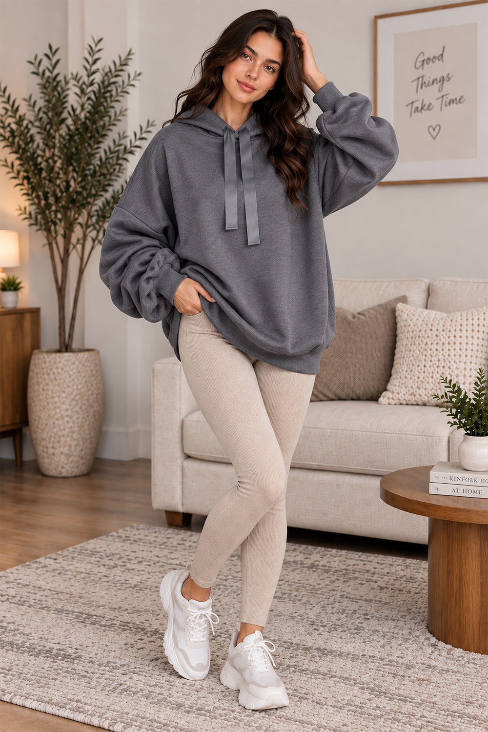 Women’s Ruched Sleeve Oversized Ladies Ribbon Hoodie Jumper Top 15 Women’s Ruched Sleeve Oversized Ladies Ribbon Hoodie Jumper Top - Image 15
