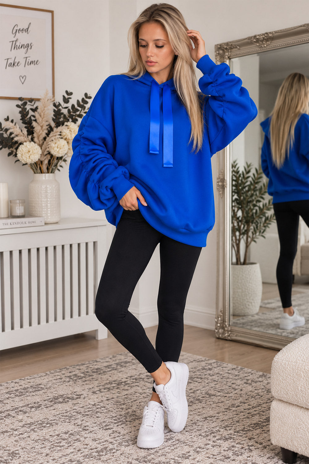 Women’s Ruched Sleeve Oversized Ladies Ribbon Hoodie Jumper Top 2 Women’s Ruched Sleeve Oversized Ladies Ribbon Hoodie Jumper Top - Image 2