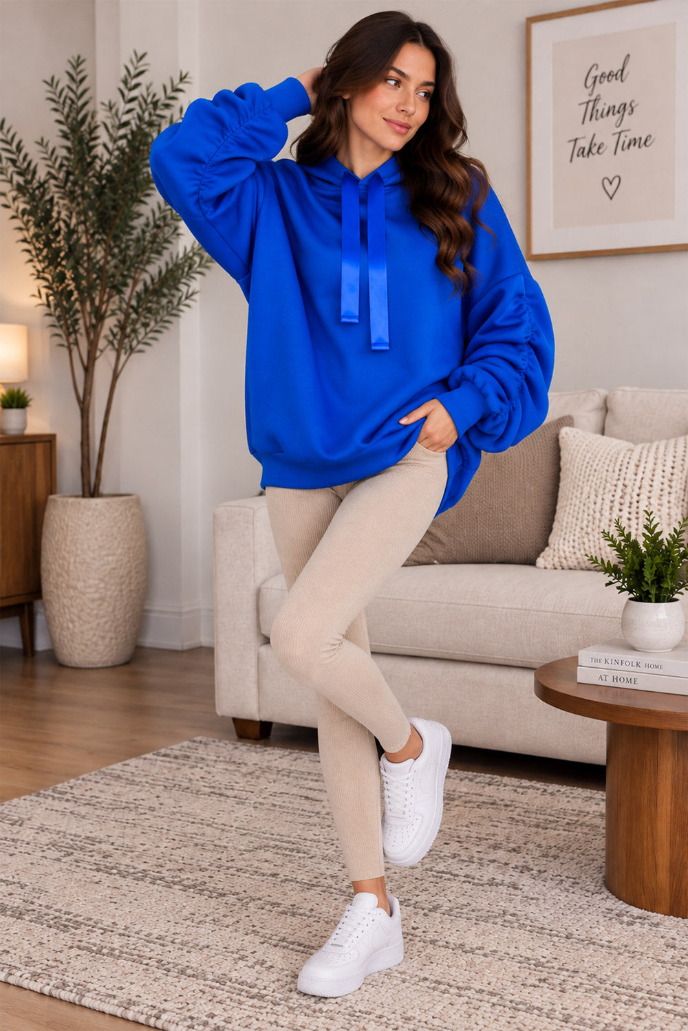 Women’s Ruched Sleeve Oversized Ladies Ribbon Hoodie Jumper Top 1 Women’s Ruched Sleeve Oversized Ladies Ribbon Hoodie Jumper Top