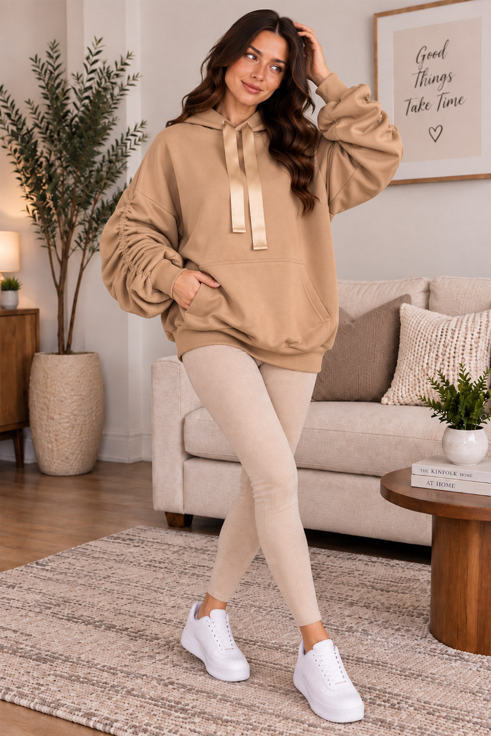 Women’s Ruched Sleeve Oversized Ladies Ribbon Hoodie Jumper Top 11 Women’s Ruched Sleeve Oversized Ladies Ribbon Hoodie Jumper Top - Image 11