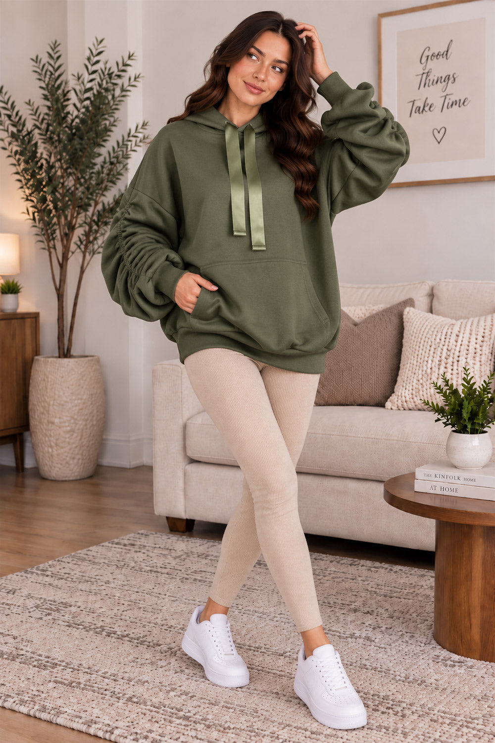 Women’s Ruched Sleeve Oversized Ladies Ribbon Hoodie Jumper Top 3 Women’s Ruched Sleeve Oversized Ladies Ribbon Hoodie Jumper Top - Image 3