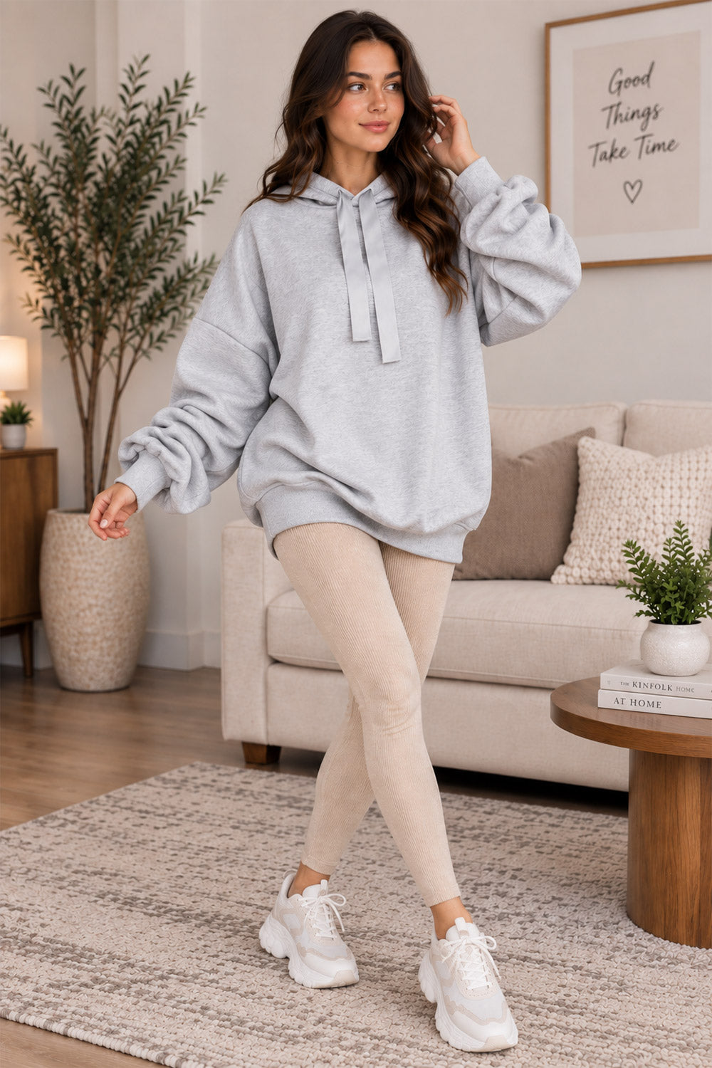 Women’s Ruched Sleeve Oversized Ladies Ribbon Hoodie Jumper Top 6 Women’s Ruched Sleeve Oversized Ladies Ribbon Hoodie Jumper Top - Image 6