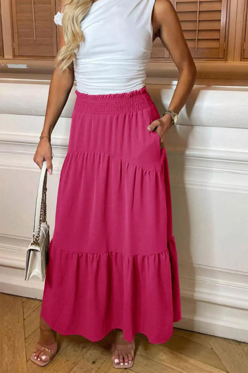 Womens Ladies High Waisted Sheering Pockets Maxi Skirt 4 Womens Ladies High Waisted Sheering Pockets Maxi Skirt - Image 4