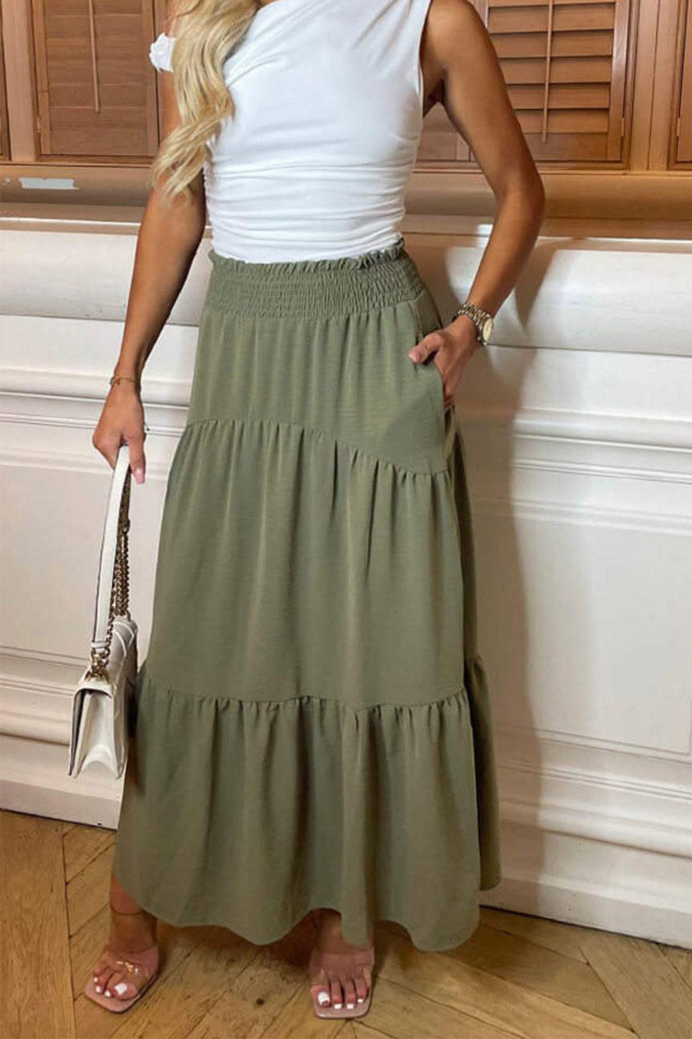 Womens Ladies High Waisted Sheering Pockets Maxi Skirt 5 Womens Ladies High Waisted Sheering Pockets Maxi Skirt - Image 5
