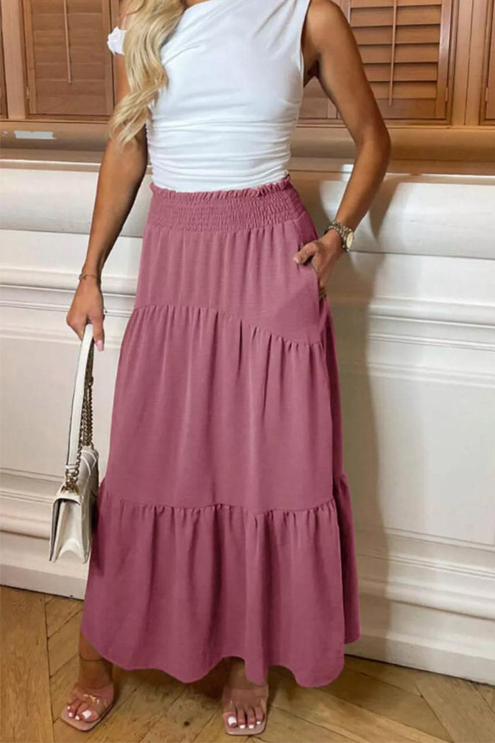 Womens Ladies High Waisted Sheering Pockets Maxi Skirt 6 Womens Ladies High Waisted Sheering Pockets Maxi Skirt - Image 6