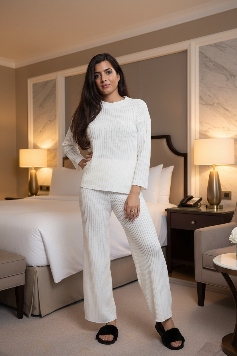 Womens Ladies Knitted Ribbed Round Neck 2 Pcs Loungewear Tracksuit Set 2 Womens Ladies Knitted Ribbed Round Neck 2 Pcs Loungewear Tracksuit Set - Image 2