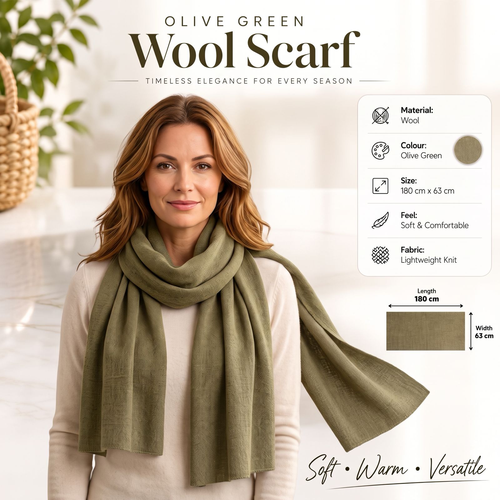Olive Green Wool Scarf Soft Warm Lightweight Knit Shawl Wrap 180cm x 63cm 2 Olive Green Wool Scarf Soft Warm Lightweight Knit Shawl Wrap 180cm x 63cm - Image 2