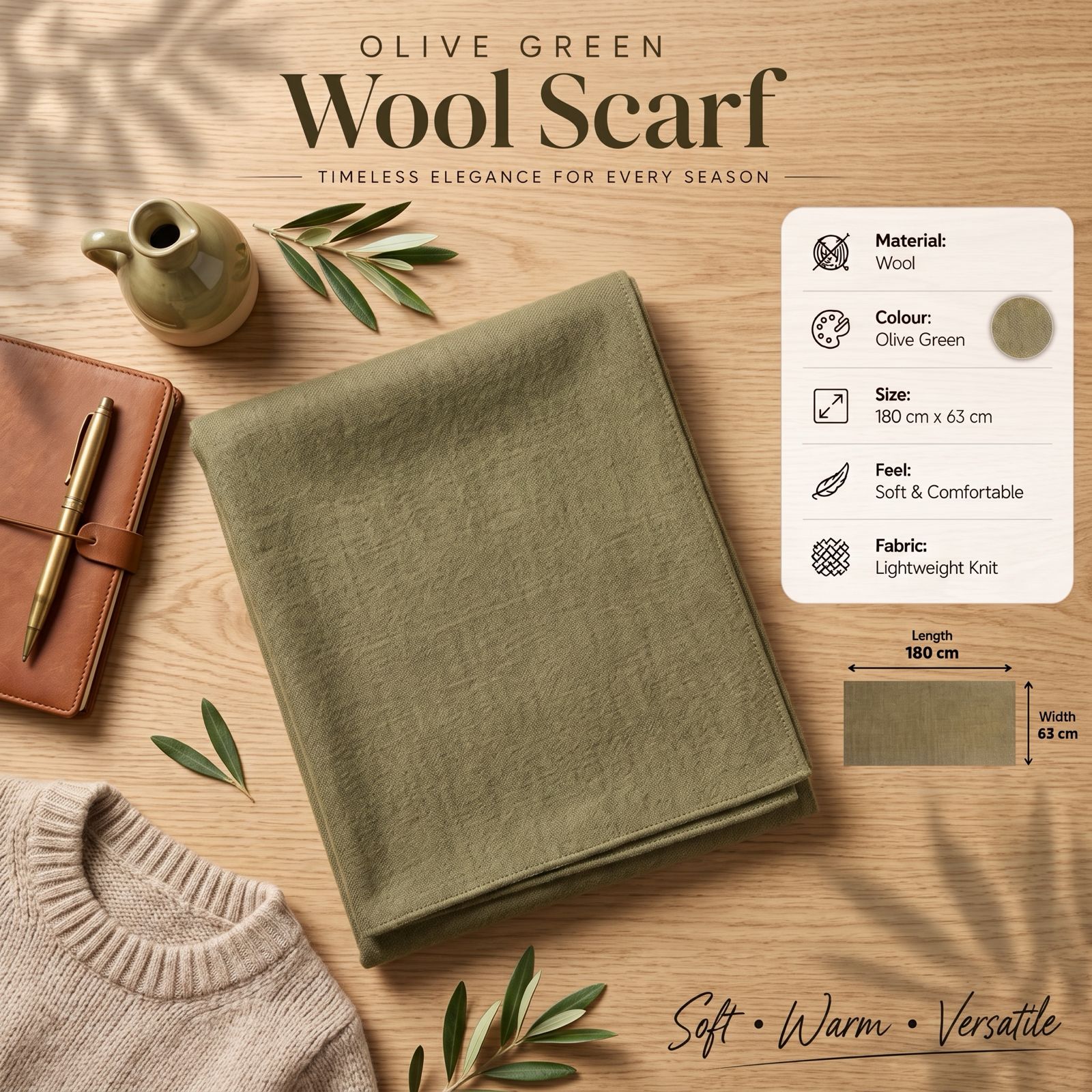 Olive Green Wool Scarf Soft Warm Lightweight Knit Shawl Wrap 180cm x 63cm 3 Olive Green Wool Scarf Soft Warm Lightweight Knit Shawl Wrap 180cm x 63cm - Image 3