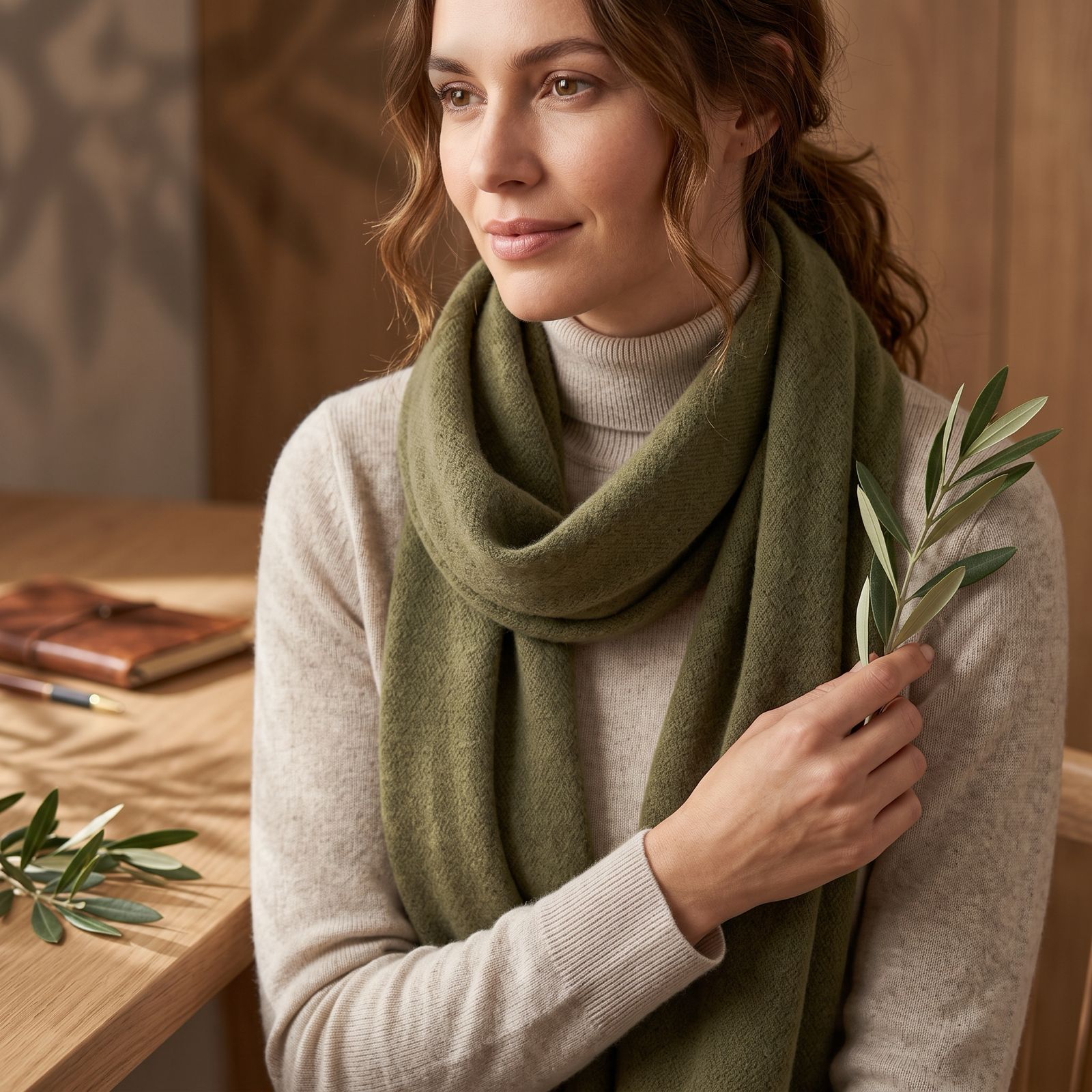 Olive Green Wool Scarf Soft Warm Lightweight Knit Shawl Wrap 180cm x 63cm 5 Olive Green Wool Scarf Soft Warm Lightweight Knit Shawl Wrap 180cm x 63cm - Image 5