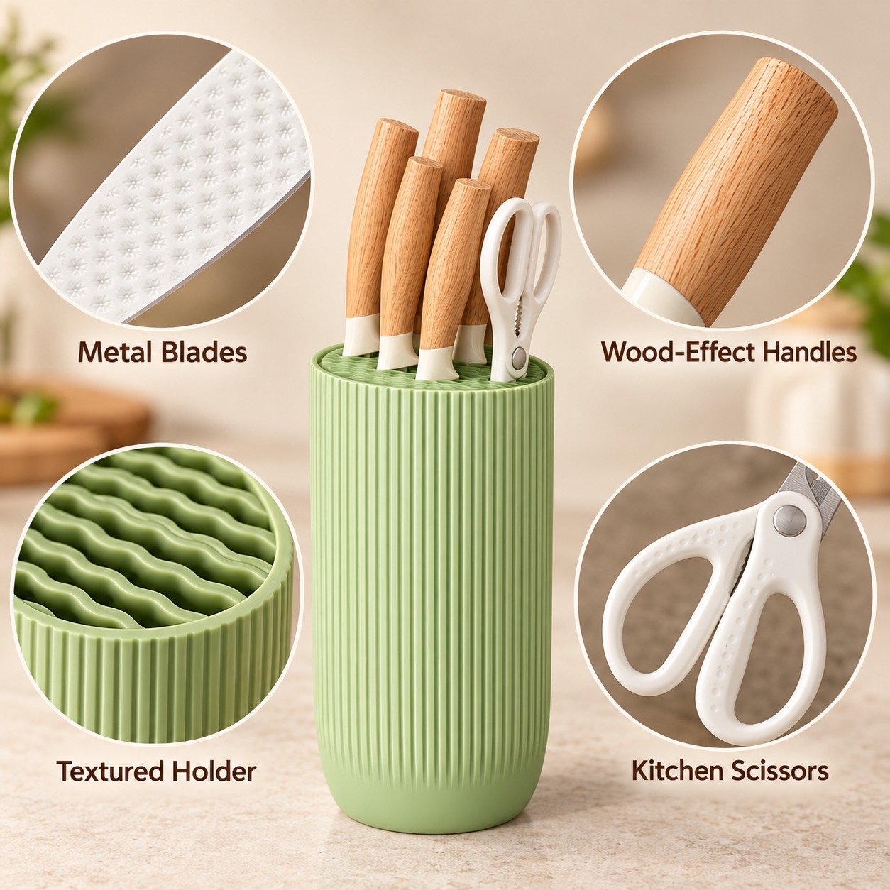 6 Piece Kitchen Knife Set Stainless Steel Blades Wooden Handles Scissor Block UK 3 6 Piece Kitchen Knife Set Stainless Steel Blades Wooden Handles Scissor Block UK - Image 3