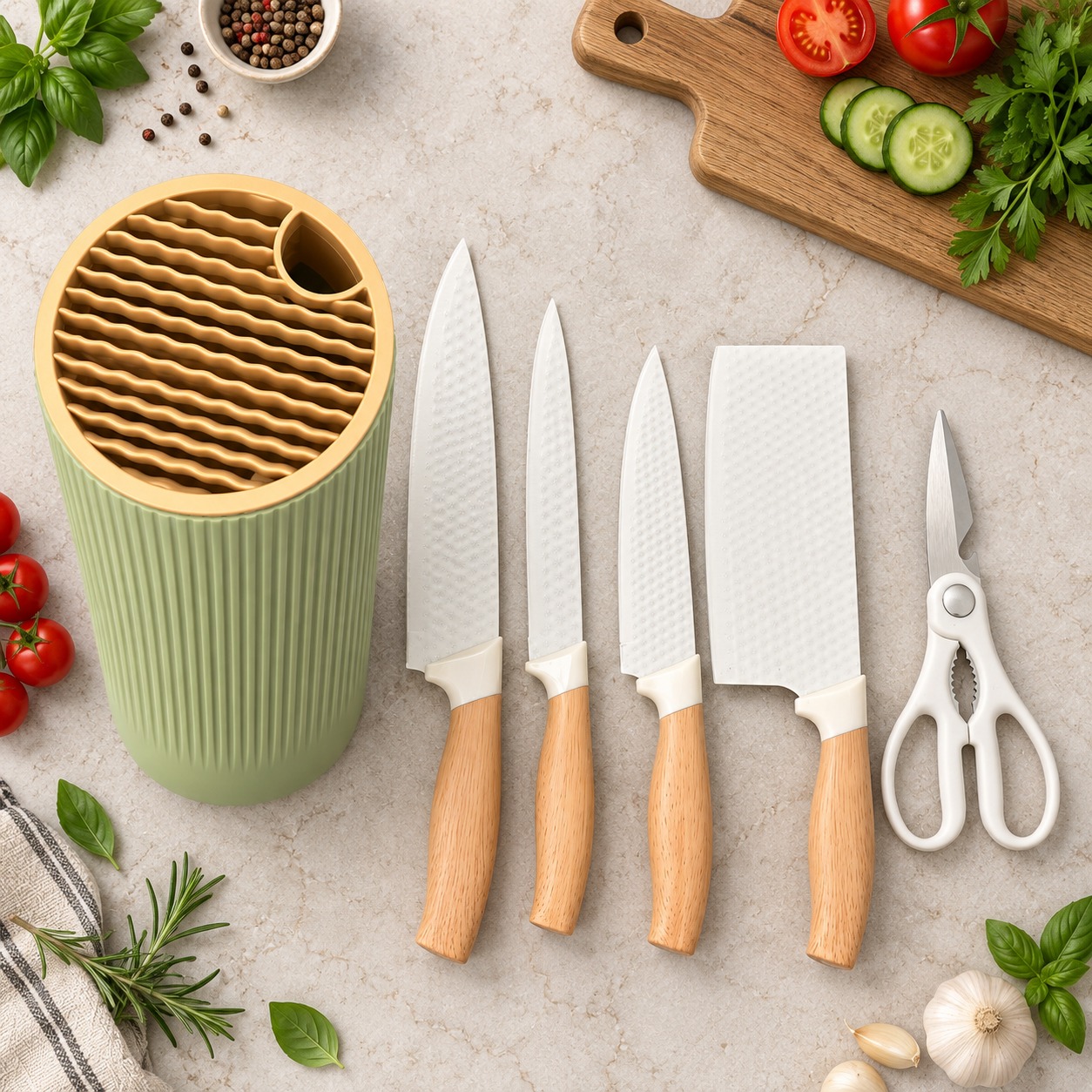 6 Piece Kitchen Knife Set Stainless Steel Blades Wooden Handles Scissor Block UK 2 6 Piece Kitchen Knife Set Stainless Steel Blades Wooden Handles Scissor Block UK - Image 2
