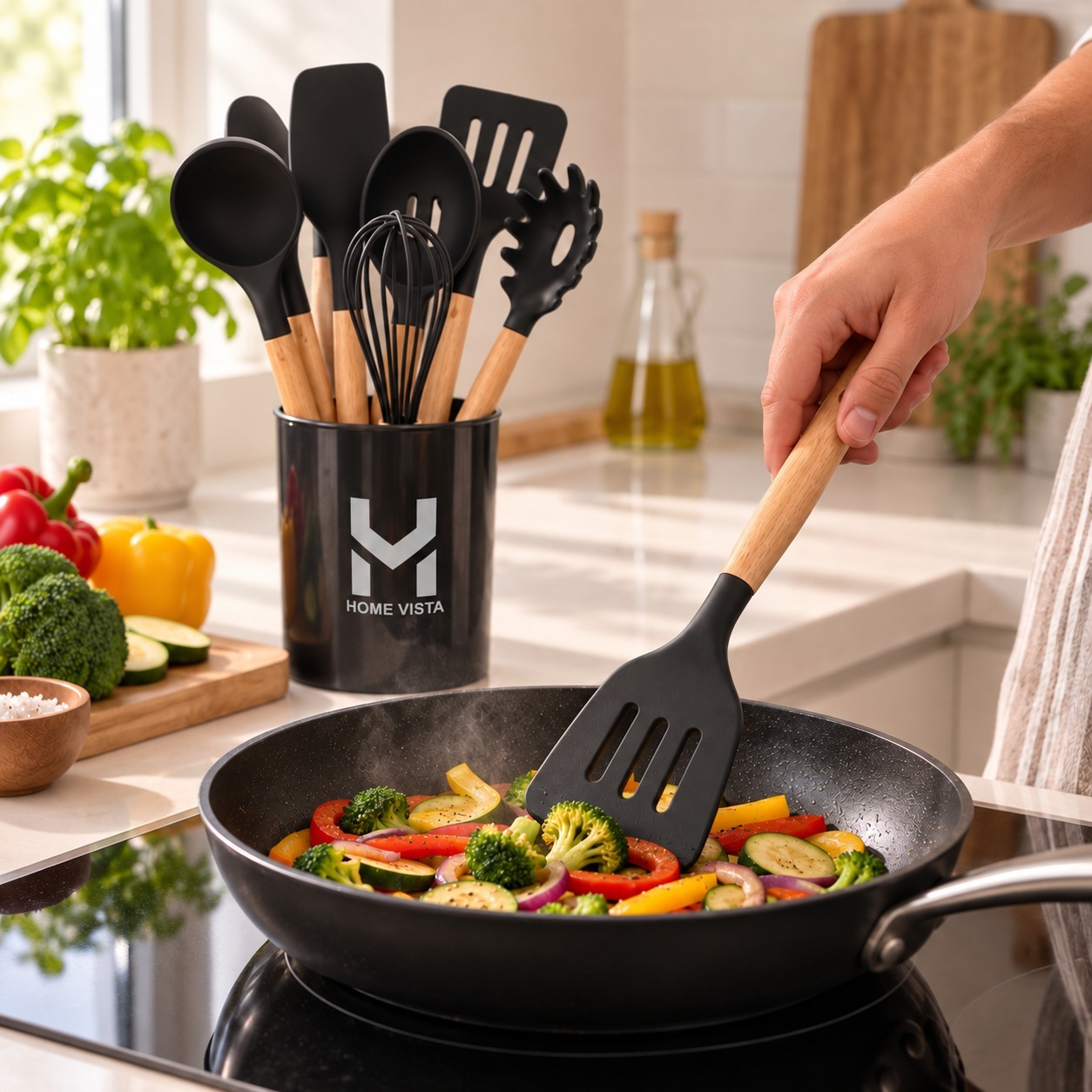 12Pc Silicone Kitchen Utensil Set Wooden Handles Cooking Tools Holder Black 4 12Pc Silicone Kitchen Utensil Set Wooden Handles Cooking Tools Holder Black - Image 4