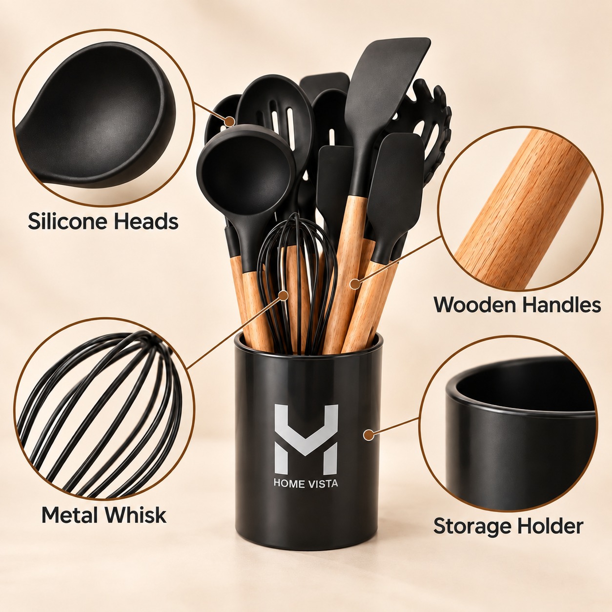 12Pc Silicone Kitchen Utensil Set Wooden Handles Cooking Tools Holder Black 5 12Pc Silicone Kitchen Utensil Set Wooden Handles Cooking Tools Holder Black - Image 5