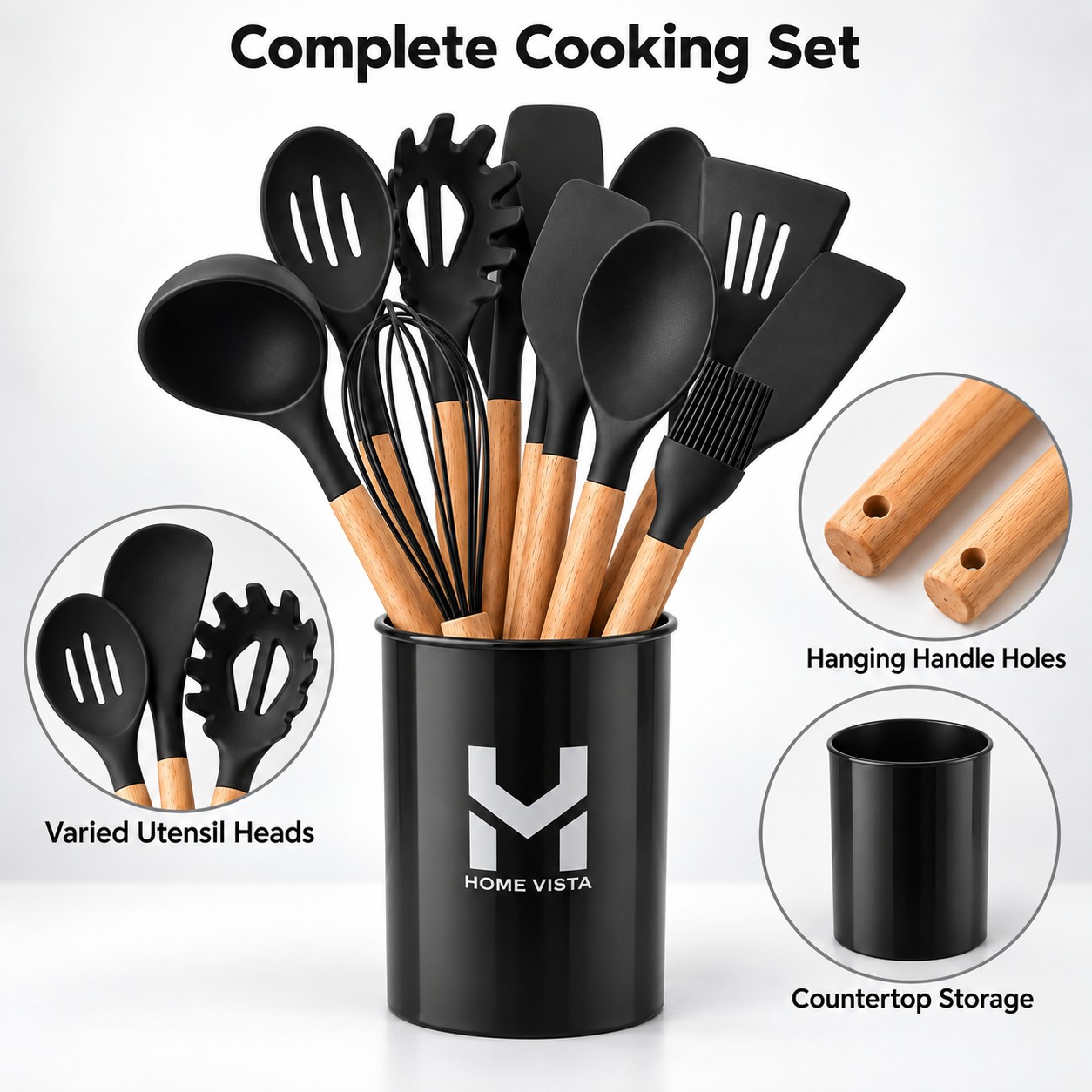 12Pc Silicone Kitchen Utensil Set Wooden Handles Cooking Tools Holder Black 3 12Pc Silicone Kitchen Utensil Set Wooden Handles Cooking Tools Holder Black - Image 3