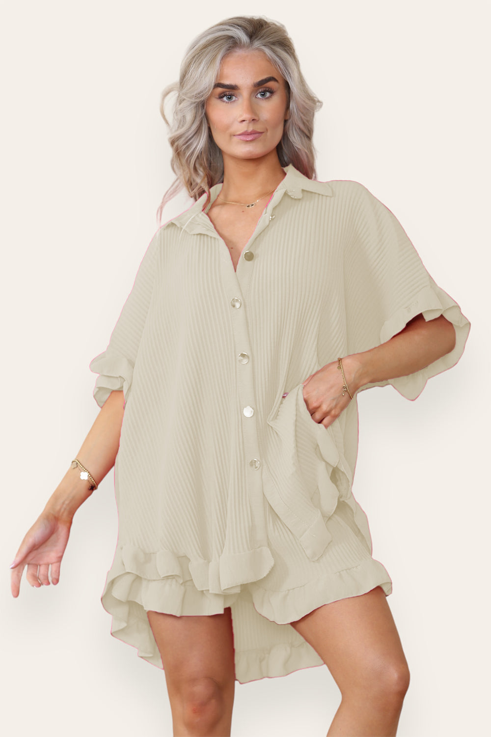 Women’s Casual Oversized Gold Button Pleated Frilled Ruffle Short Sleeves Shirt Top and Short Co-Ord Set 16 Women’s Casual Oversized Gold Button Pleated Frilled Ruffle Short Sleeves Shirt Top and Short Co-Ord Set - Image 16