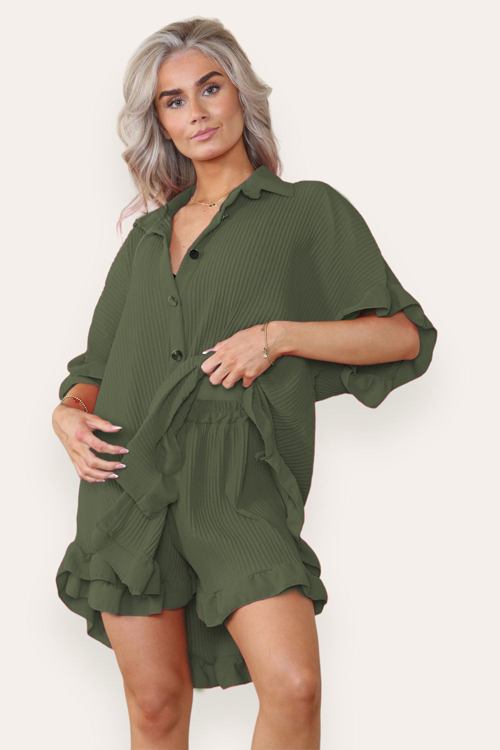 Women’s Casual Oversized Gold Button Pleated Frilled Ruffle Short Sleeves Shirt Top and Short Co-Ord Set 2 Women’s Casual Oversized Gold Button Pleated Frilled Ruffle Short Sleeves Shirt Top and Short Co-Ord Set - Image 2