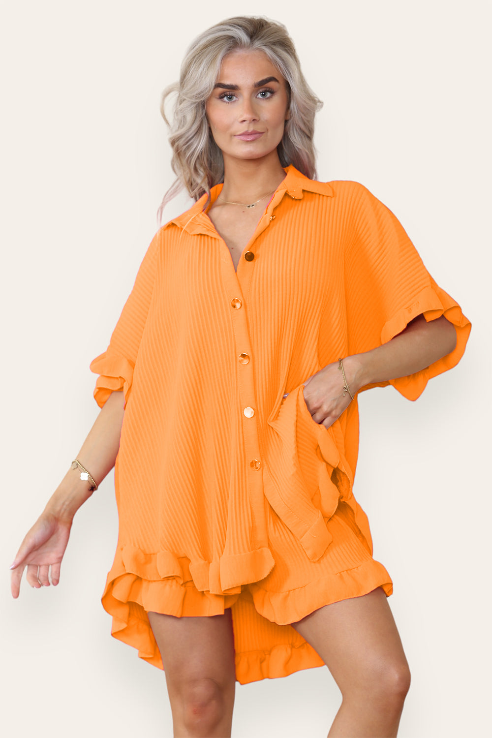 Women’s Casual Oversized Gold Button Pleated Frilled Ruffle Short Sleeves Shirt Top and Short Co-Ord Set 3 Women’s Casual Oversized Gold Button Pleated Frilled Ruffle Short Sleeves Shirt Top and Short Co-Ord Set - Image 3