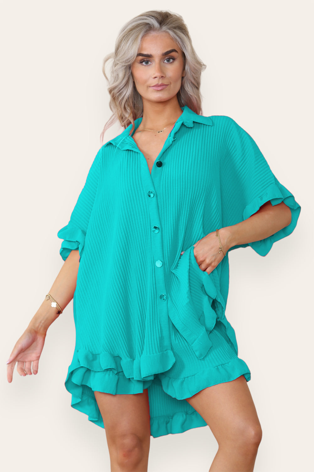 Women’s Casual Oversized Gold Button Pleated Frilled Ruffle Short Sleeves Shirt Top and Short Co-Ord Set 7 Women’s Casual Oversized Gold Button Pleated Frilled Ruffle Short Sleeves Shirt Top and Short Co-Ord Set - Image 7