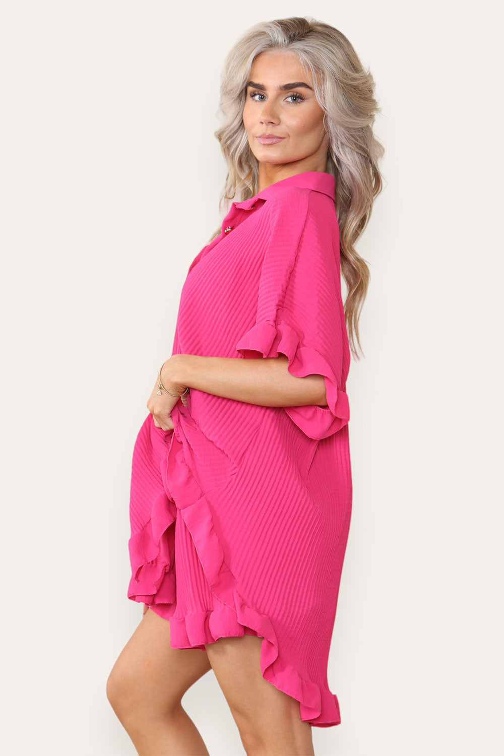 Women’s Casual Oversized Gold Button Pleated Frilled Ruffle Short Sleeves Shirt Top and Short Co-Ord Set 8 Women’s Casual Oversized Gold Button Pleated Frilled Ruffle Short Sleeves Shirt Top and Short Co-Ord Set - Image 8