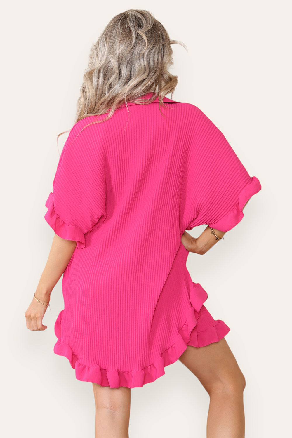 Women’s Casual Oversized Gold Button Pleated Frilled Ruffle Short Sleeves Shirt Top and Short Co-Ord Set 9 Women’s Casual Oversized Gold Button Pleated Frilled Ruffle Short Sleeves Shirt Top and Short Co-Ord Set - Image 9