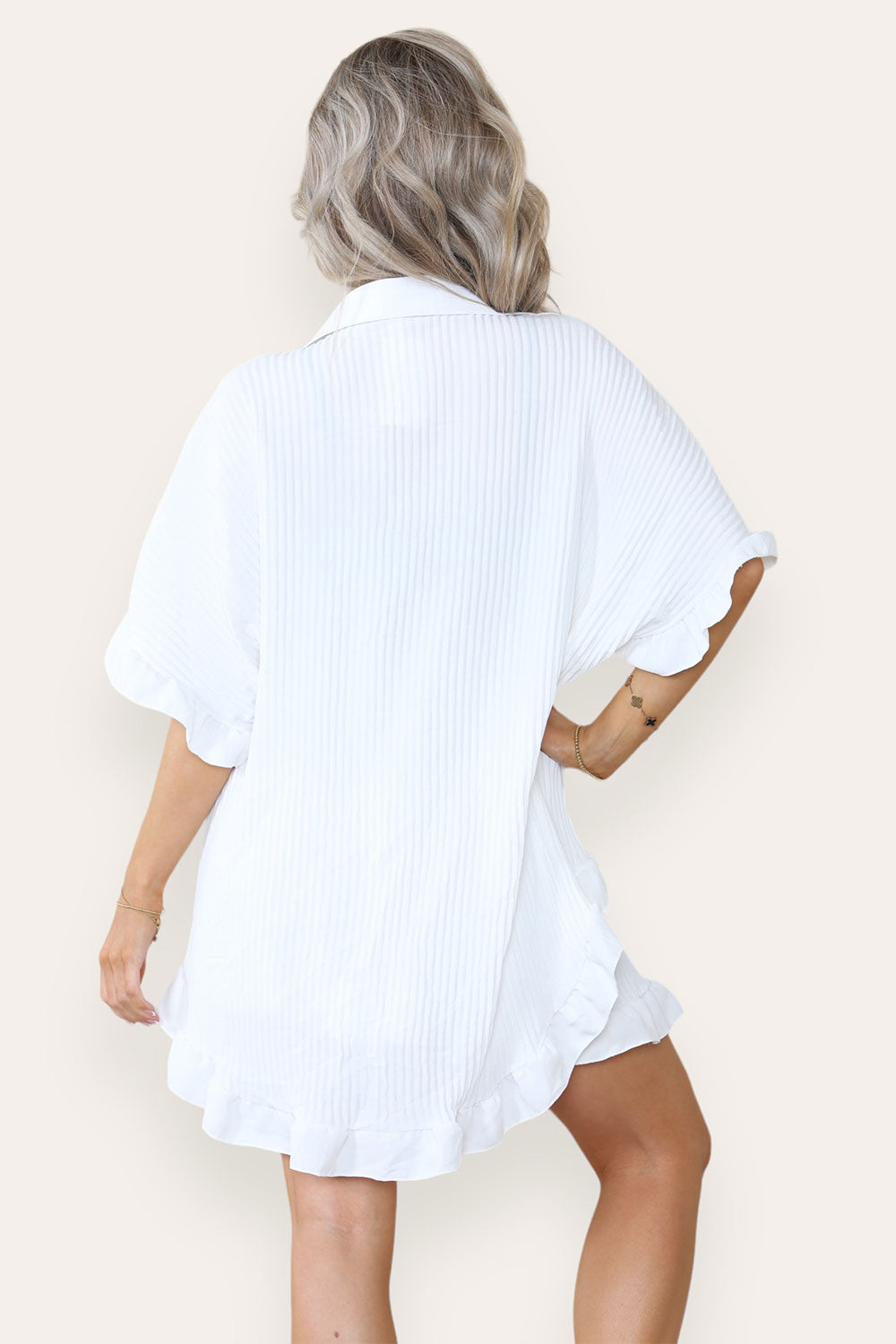 Women’s Casual Oversized Gold Button Pleated Frilled Ruffle Short Sleeves Shirt Top and Short Co-Ord Set 13 Women’s Casual Oversized Gold Button Pleated Frilled Ruffle Short Sleeves Shirt Top and Short Co-Ord Set - Image 13
