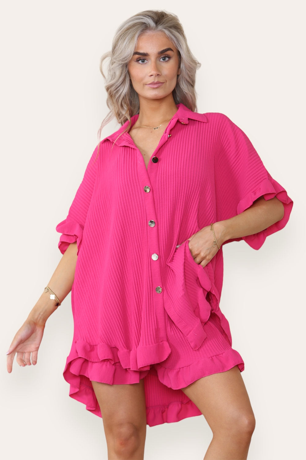 Women’s Casual Oversized Gold Button Pleated Frilled Ruffle Short Sleeves Shirt Top and Short Co-Ord Set 14 Women’s Casual Oversized Gold Button Pleated Frilled Ruffle Short Sleeves Shirt Top and Short Co-Ord Set - Image 14