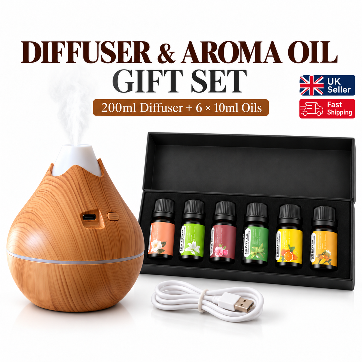 200ml USB Aroma Diffuser Humidifier Wood Grain LED Light 6x10ml Oils Gift Set UK Small 1 200ml USB Aroma Diffuser Humidifier Wood Grain LED Light 6x10ml Oils Gift Set UK Small